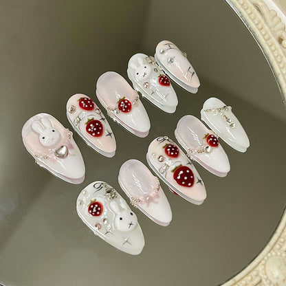 Kawaii Adorable Bunny & Strawberry Y2K Handmade Acrylic Press-On Nails Fake Nails - Liliana Nail's