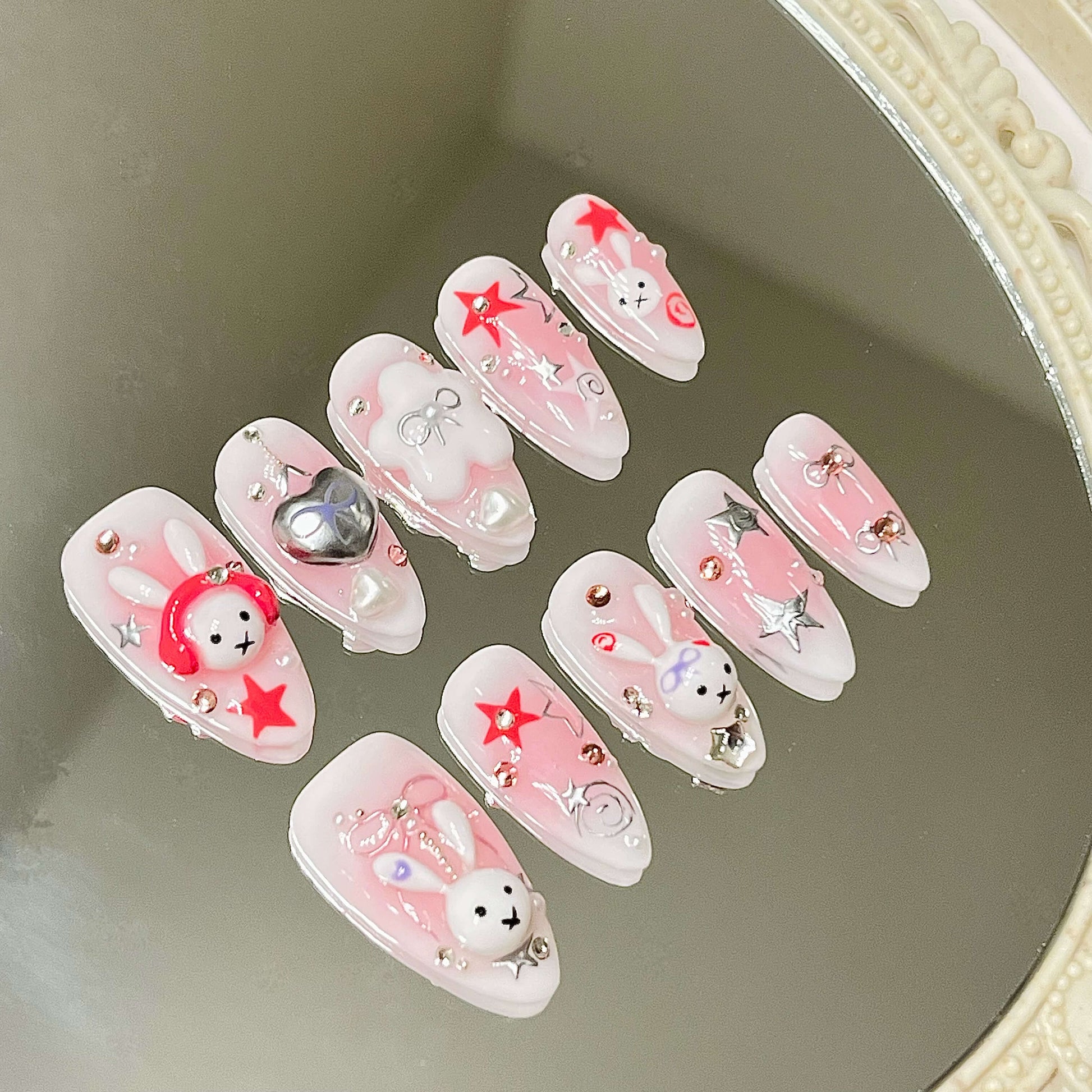 Rock Bunny Y2K Handmade Acrylic Press-On Nails – Cute 3D Kawaii Pink Star Nails Fake Nails - Liliana Nail's