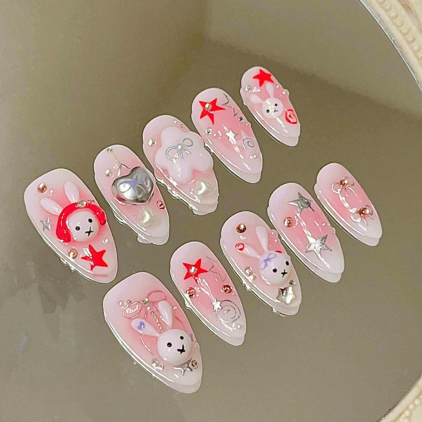 Rock Bunny Y2K Handmade Acrylic Press-On Nails – Cute 3D Kawaii Pink Star Nails Fake Nails - Liliana Nail's
