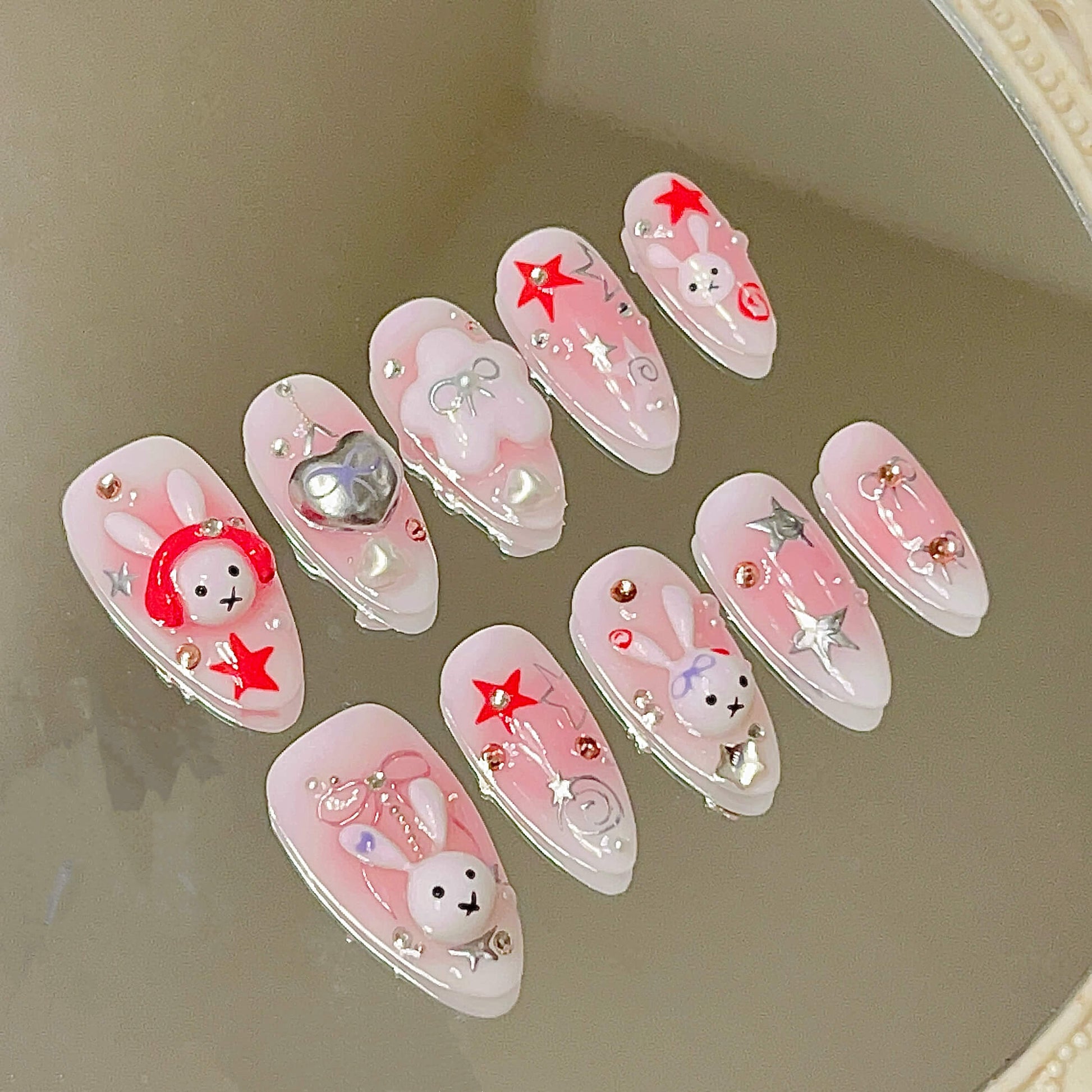 Rock Bunny Y2K Handmade Acrylic Press-On Nails – Cute 3D Kawaii Pink Star Nails Fake Nails - Liliana Nail's