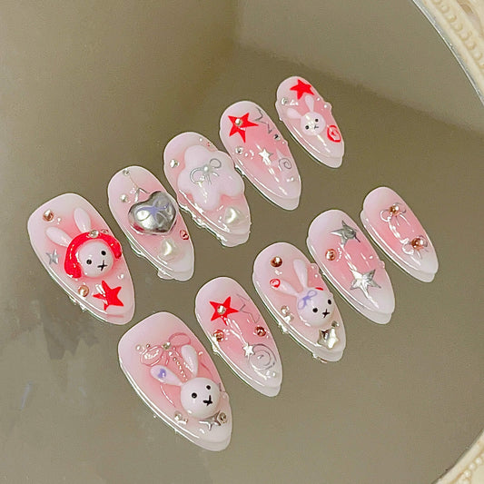 Rock Bunny Y2K Handmade Acrylic Press-On Nails – Cute 3D Kawaii Pink Star Nails Fake Nails - Liliana Nail's