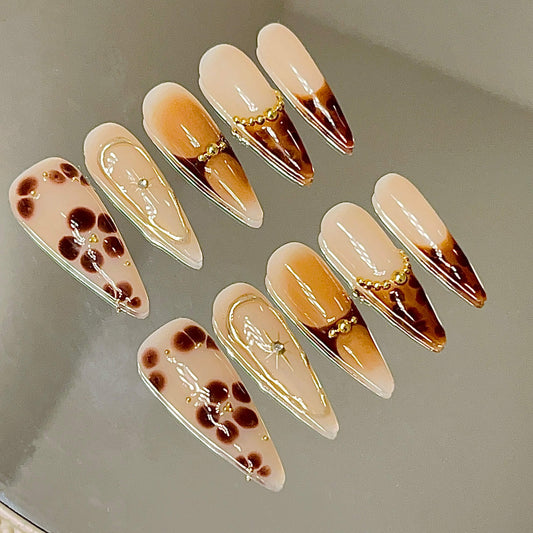 Café Au Lait Fall Blossom 10pc Acrylic Handmade Press-On Nails With Free Tool Kit - Liliana Nail's