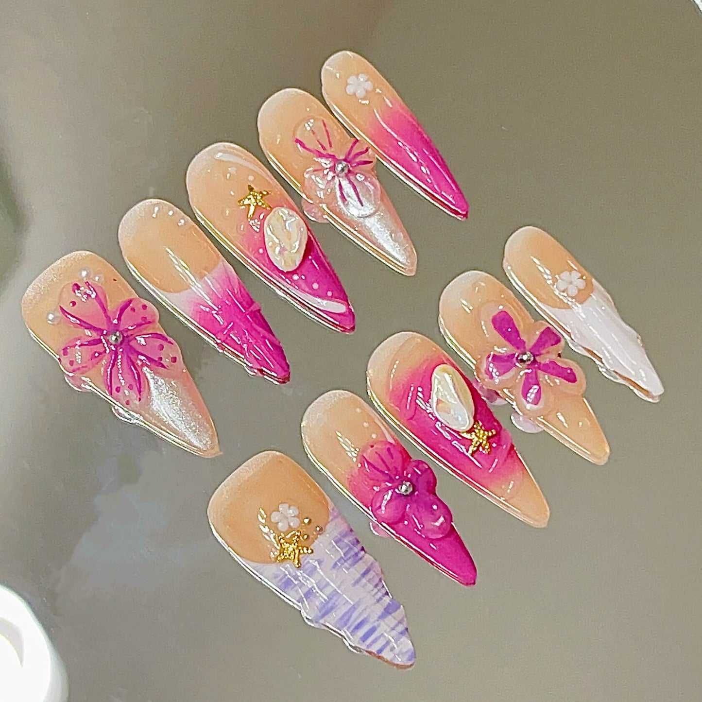 Purple Petals & Pearls Press-On Nails |Ombré, 3D Flowers & Star Charms | Girly Reusable Manicure | Fake Nails False Nails - Liliana Nail's