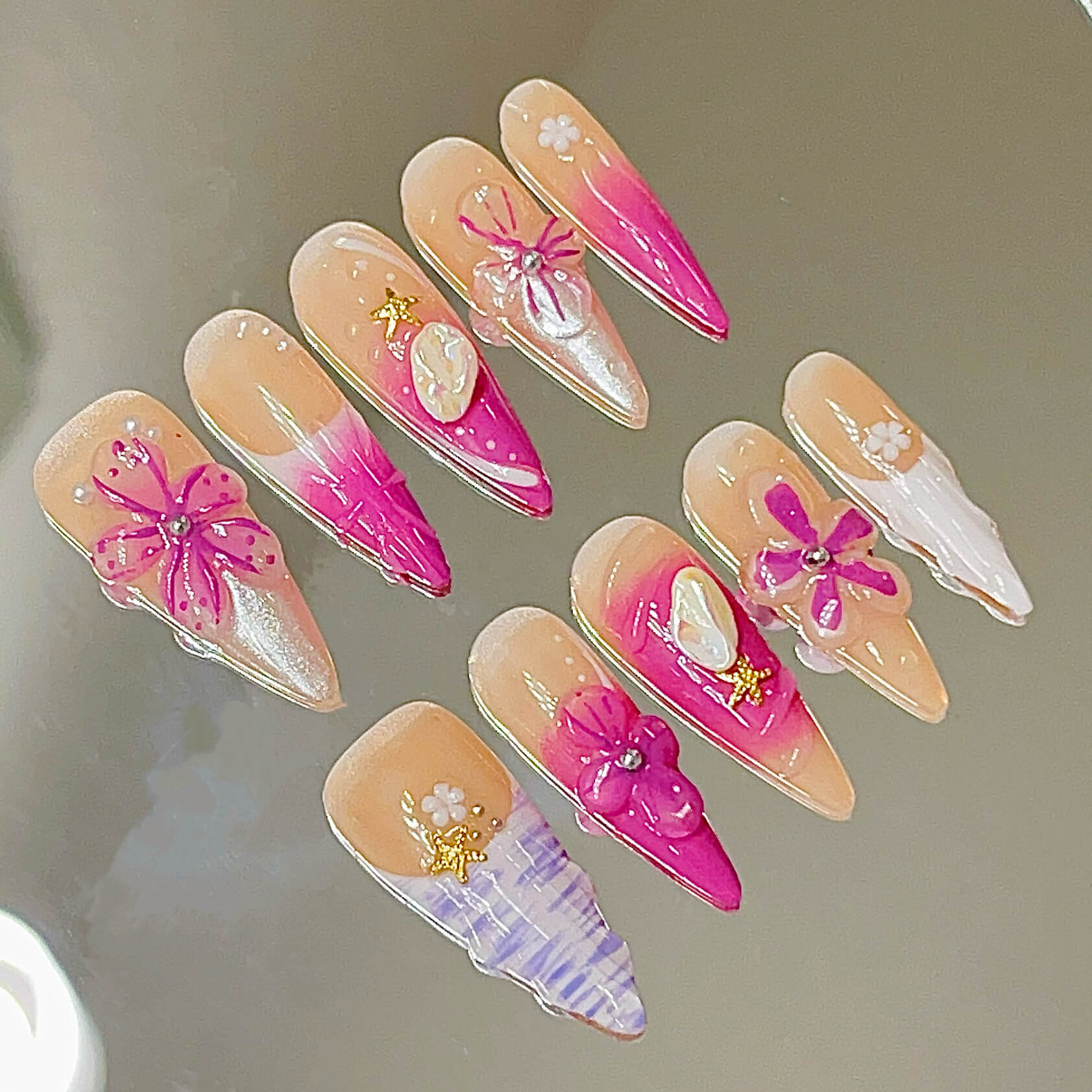Purple Petals & Pearls Press-On Nails |Ombré, 3D Flowers & Star Charms | Girly Reusable Manicure | Fake Nails False Nails - Liliana Nail's