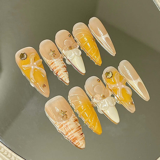 Yellow Seashell Handmade Acrylic Press-On Nails |Ombré, 3D Flowers & Seashell Nails | Reusable Manicure | Fake Nails False Nails