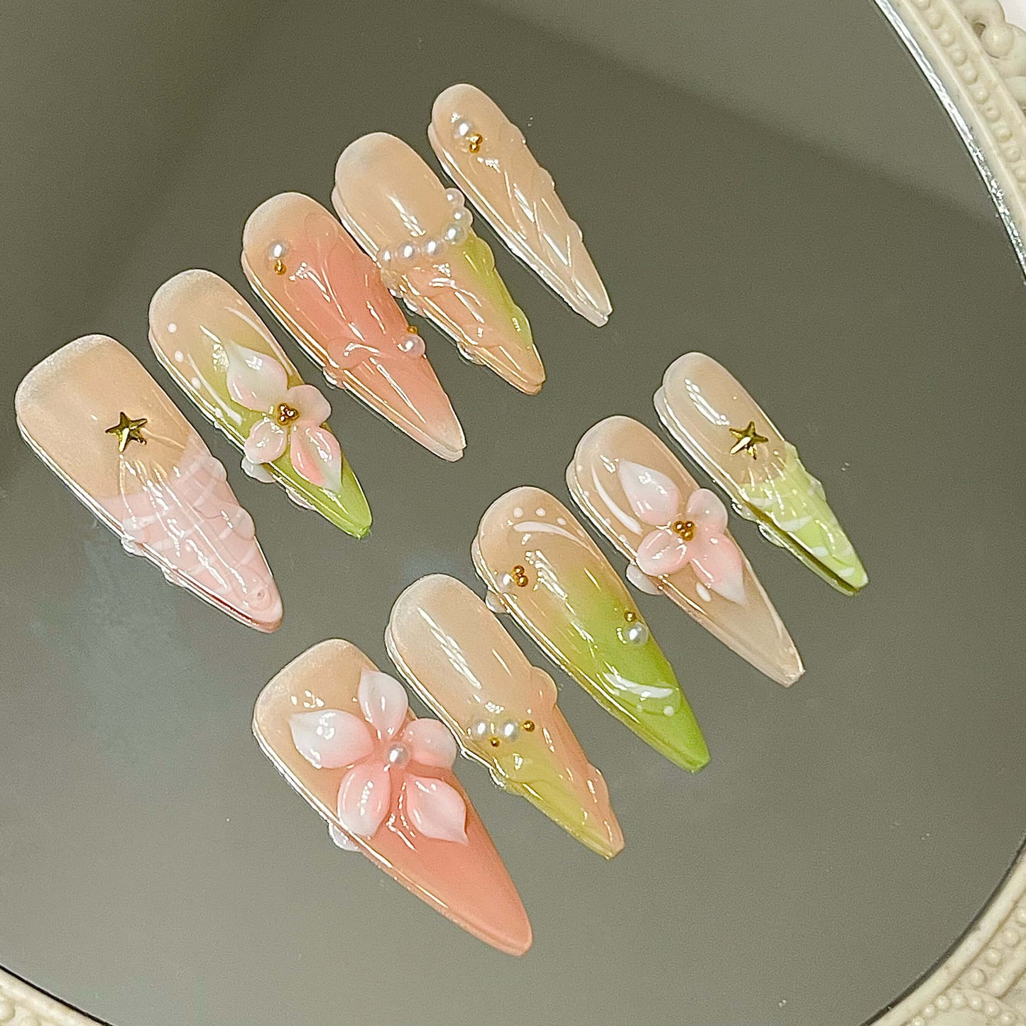 Sweet Spring Handmade Acrylic Press-On Nails |3D Flowers & Seashell Nails | Reusable Manicure | Fake Nails False Nails