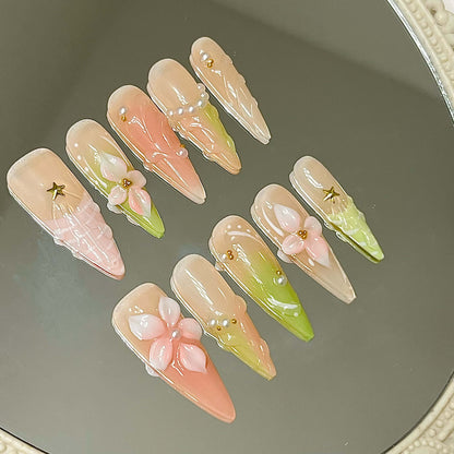 Sweet Spring Handmade Acrylic Press-On Nails |3D Flowers & Seashell Nails | Reusable Manicure | Fake Nails False Nails