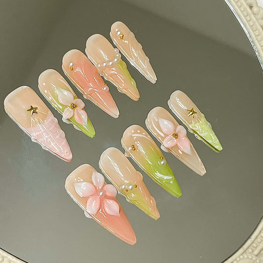 Sweet Spring Handmade Acrylic Press-On Nails |3D Flowers & Seashell Nails | Reusable Manicure | Fake Nails False Nails