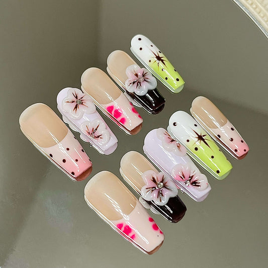 Sakura Blossoms 3D Flower Handmade Acrylic Press On Nails| Long Coffin Nails Fake Nails - Liliana Nail's