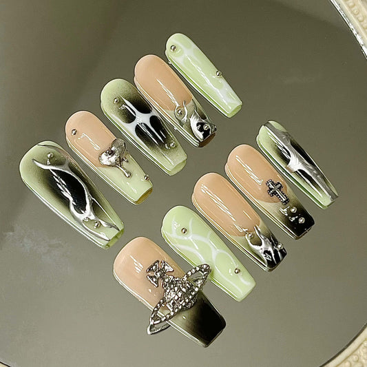 Y2K Chrome Slime Drip Press-On Nails – Green & Nude Alien Vibes | Long Coffin with Bling & 3D Charms - Liliana Nail's