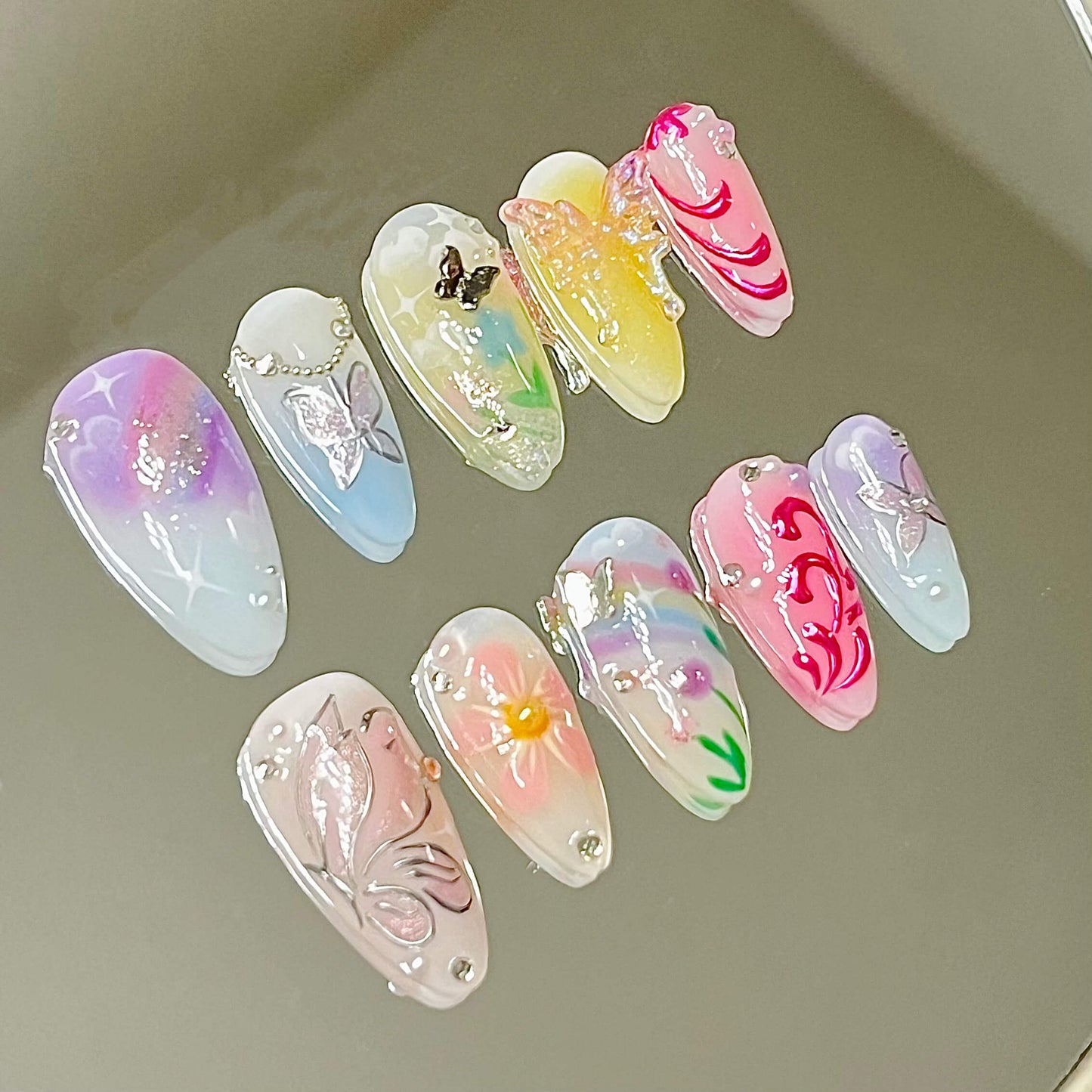 Whimsical Butterfly & Floral Elegant Handmade Acrylic Floral Press-On Nails Fake Nails False Nails - Liliana Nail's