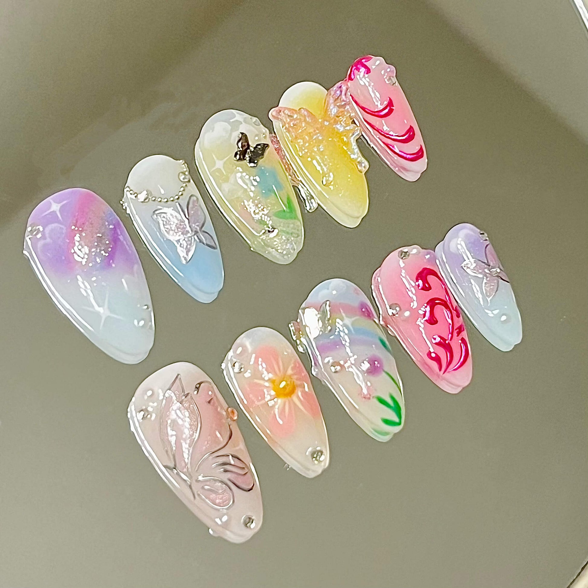 Whimsical Butterfly & Floral Elegant Handmade Acrylic Floral Press-On Nails Fake Nails False Nails - Liliana Nail's