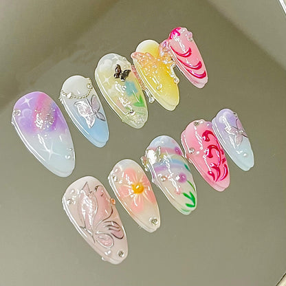 Whimsical Butterfly & Floral Elegant Handmade Acrylic Floral Press-On Nails Fake Nails False Nails - Liliana Nail's