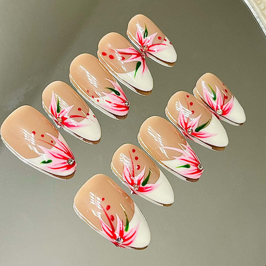 Trendy Floral French Handmade Acrylic Press-On Nails | Easy Stick-On Manicure | Elegant Bloom Design| Fake Nails False Nails - Liliana Nail's