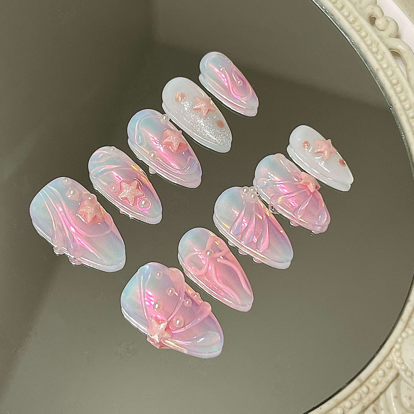 Pink Chrome Star Handmade Acrylic Press-On Nails | Cute Reusable Manicure | Fake Nails False Nails