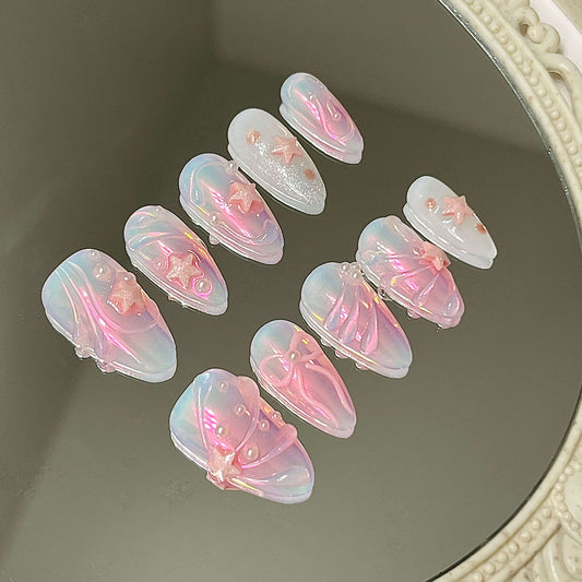 Pink Chrome Star Handmade Acrylic Press-On Nails | Cute Reusable Manicure | Fake Nails False Nails