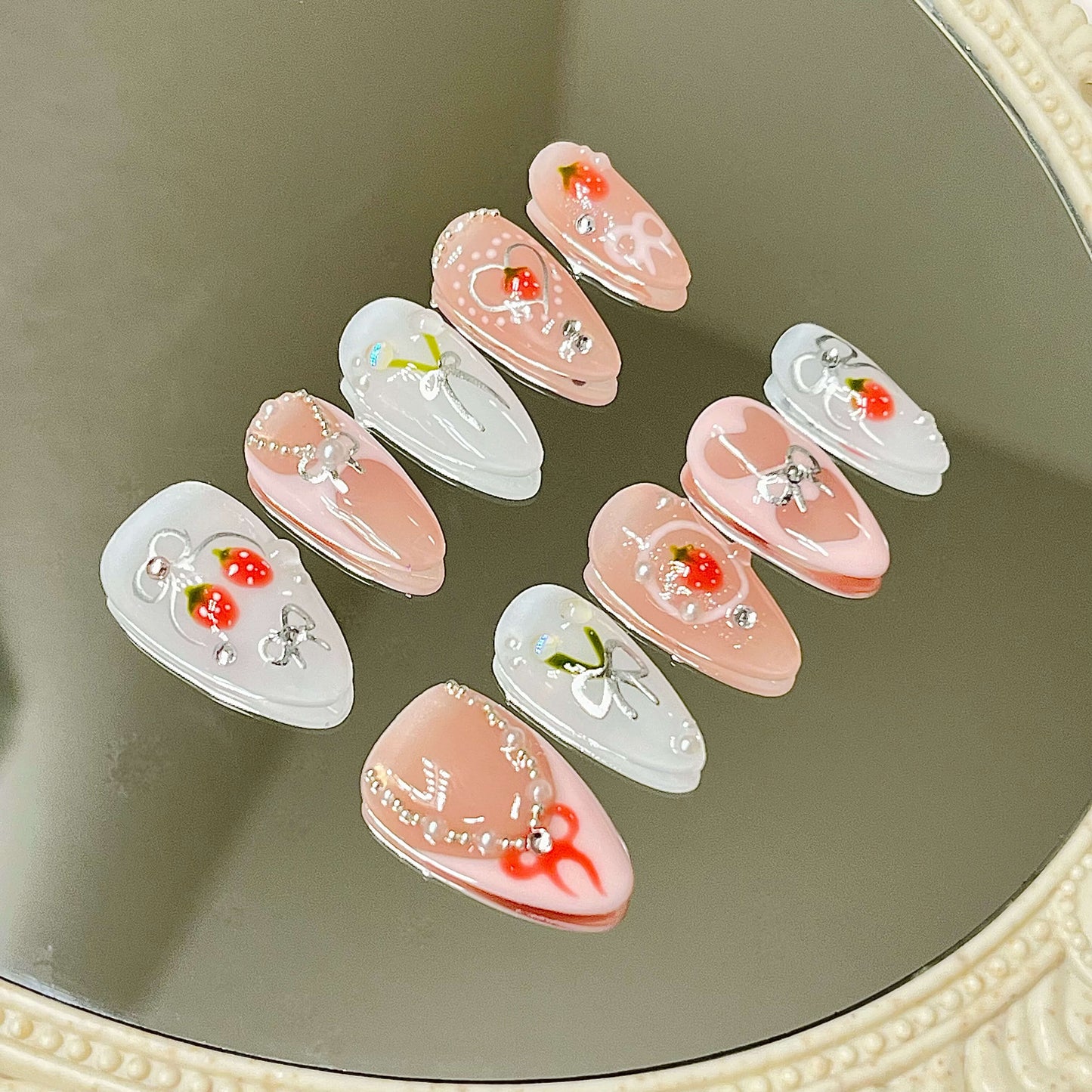 Coquette Strawberry Handmade Acrylic Press On Nails |  Easy Stick-On Manicure | Fake Nails False Nails