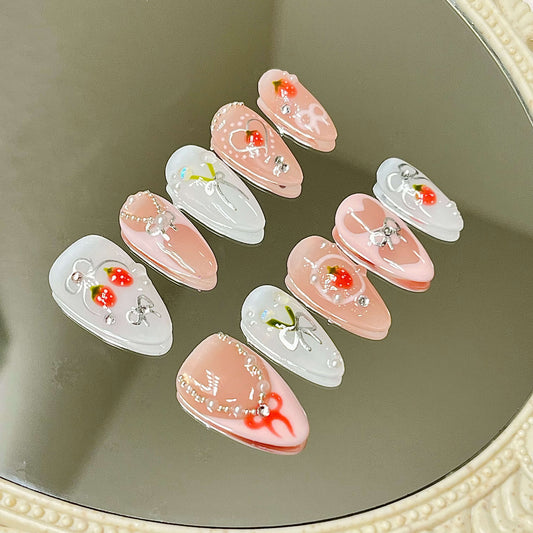 Coquette Strawberry Handmade Acrylic Press On Nails |  Easy Stick-On Manicure | Fake Nails False Nails