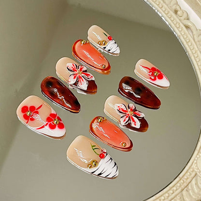 Artistic Cherry 3D Floral & Animal Print Press-On Nails | Handmade Acrylic Press-On Nails - Liliana Nail's