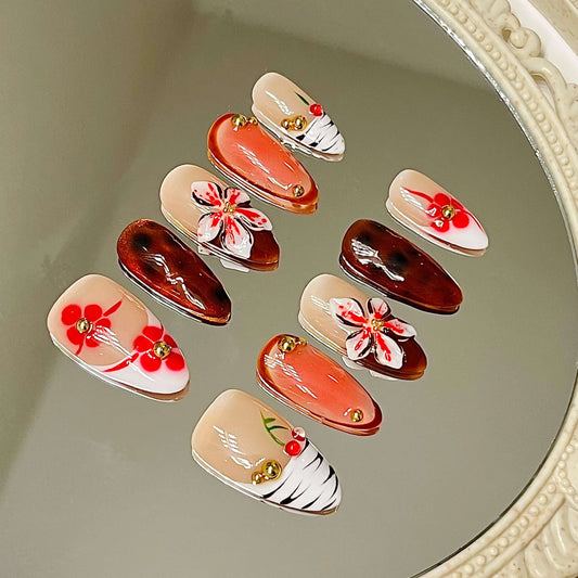 Artistic Cherry 3D Floral & Animal Print Press-On Nails | Handmade Acrylic Press-On Nails - Liliana Nail's