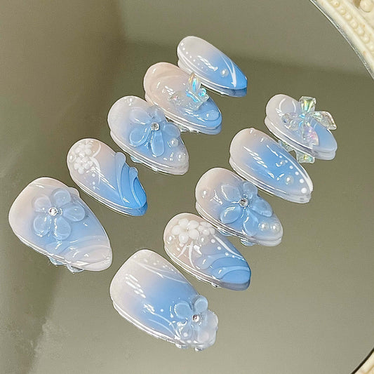 Sky Whisper Handmade Acrylic Press On Nails | 3D Blue Flowers, Butterflies & Pearls| Easy Stick-On Manicure | Fake Nails False Nails - Liliana Nail's