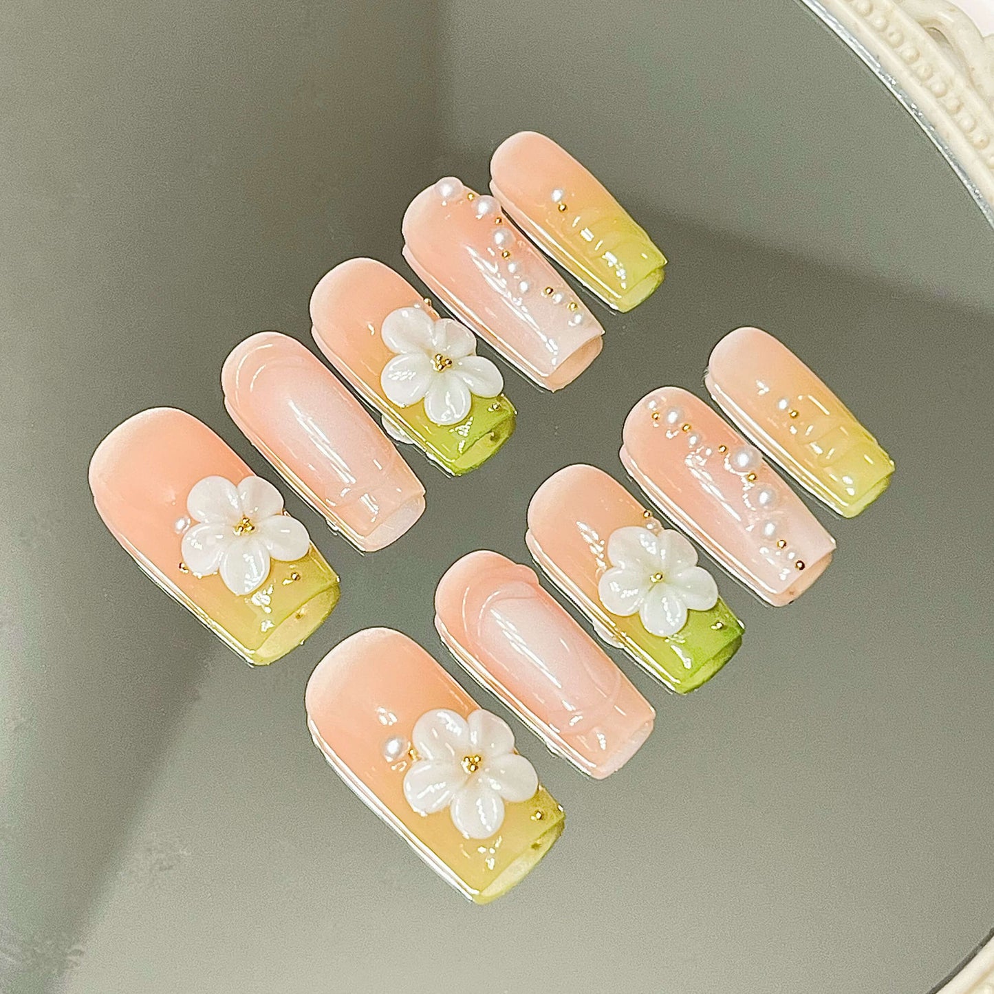 Elegant Garden Handmade Acrylic Press On Nails | 3D White Flowers, Green Tips & Pearls| Easy Stick-On Manicure | Fake Nails False Nails - Liliana Nail's