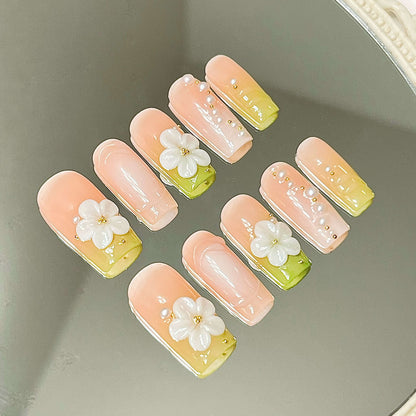 Elegant Garden Handmade Acrylic Press On Nails | 3D White Flowers, Green Tips & Pearls| Easy Stick-On Manicure | Fake Nails False Nails - Liliana Nail's