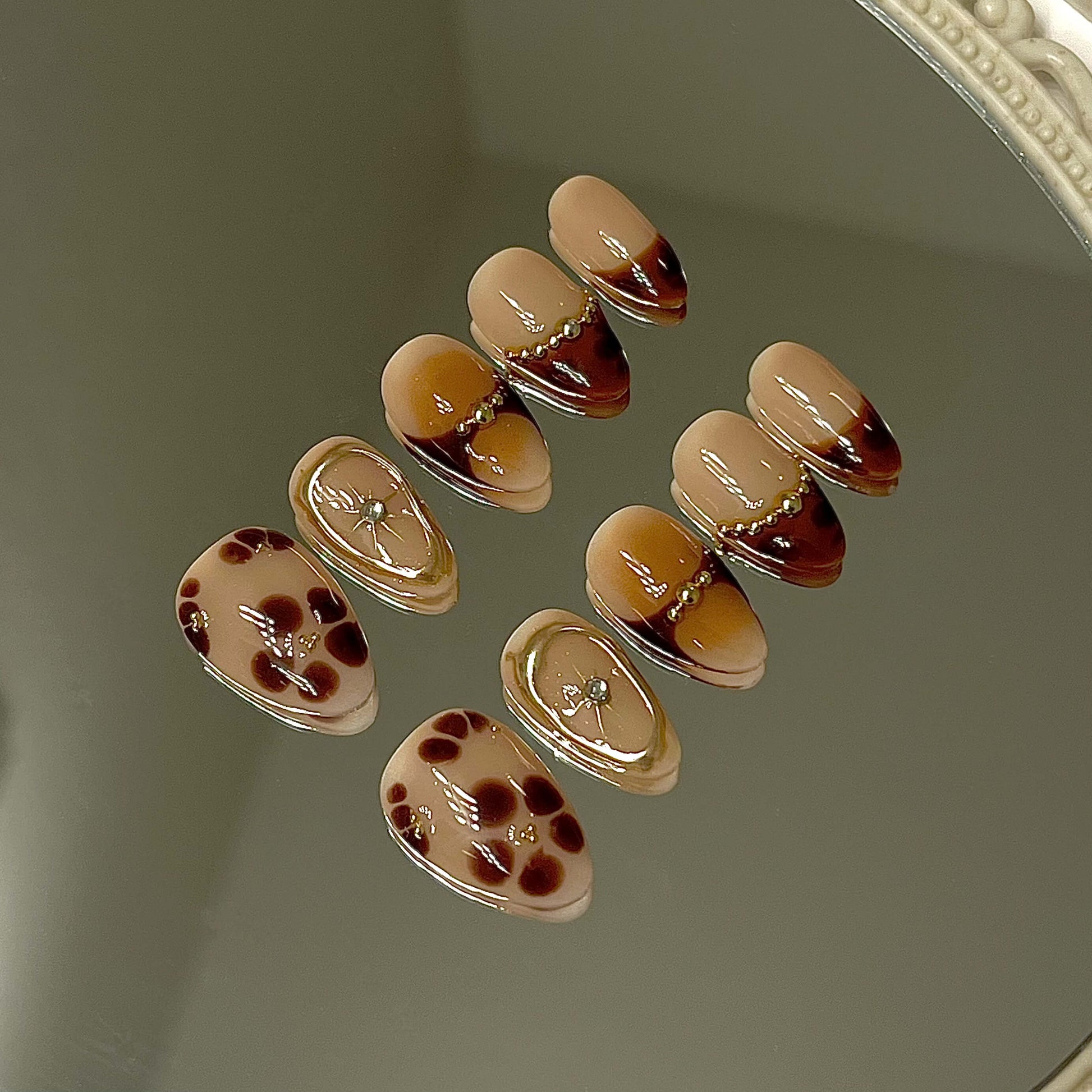 Café Au Lait Fall Blossom 10pc Acrylic Handmade Press-On Nails With Free Tool Kit - Liliana Nail's