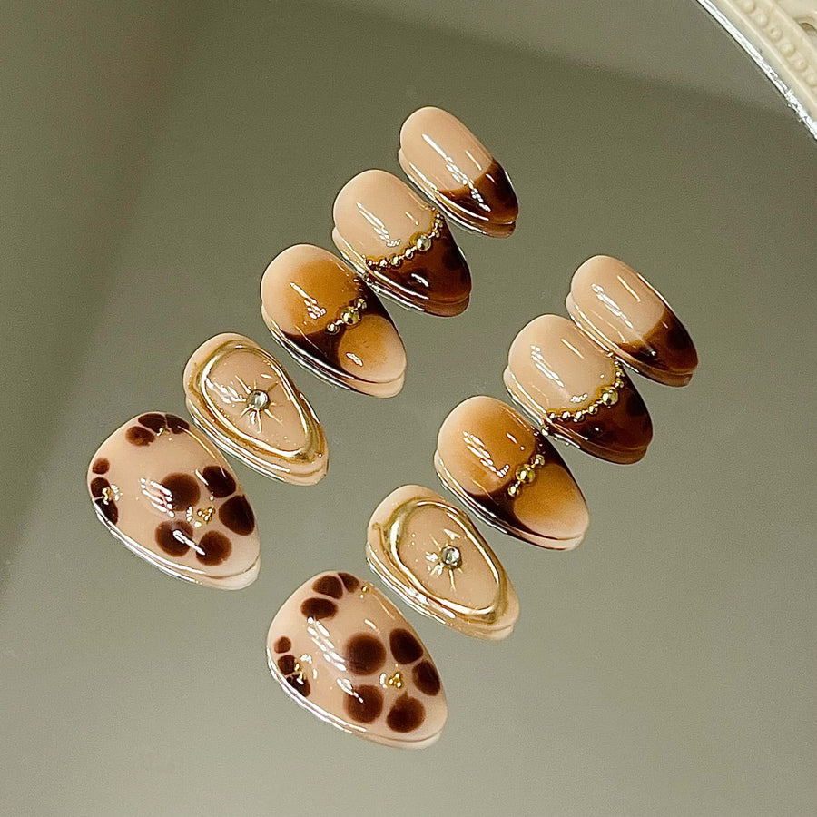 Café Au Lait Fall Blossom 10pc Acrylic Handmade Press-On Nails With Free Tool Kit - Liliana Nail's