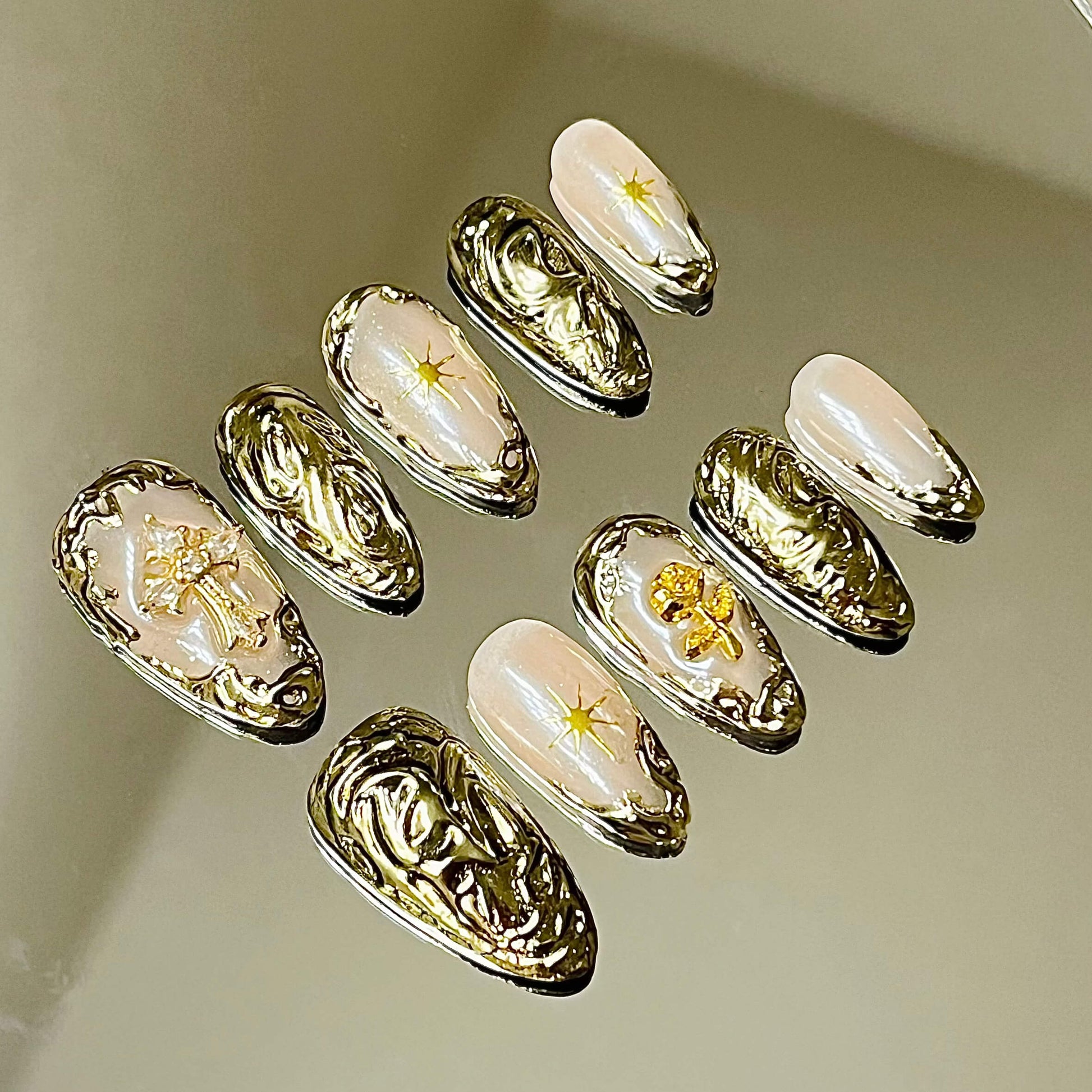 3D Baroque Gold Chrome Angel Aura 10pc Handmade Press-On Nails| Acrylic Almond Nails - Liliana Nail's