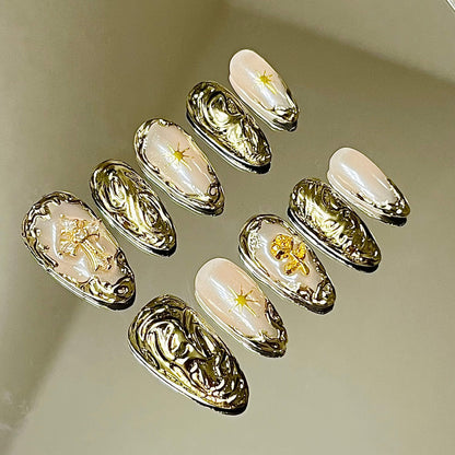 3D Baroque Gold Chrome Angel Aura 10pc Handmade Press-On Nails| Acrylic Almond Nails - Liliana Nail's