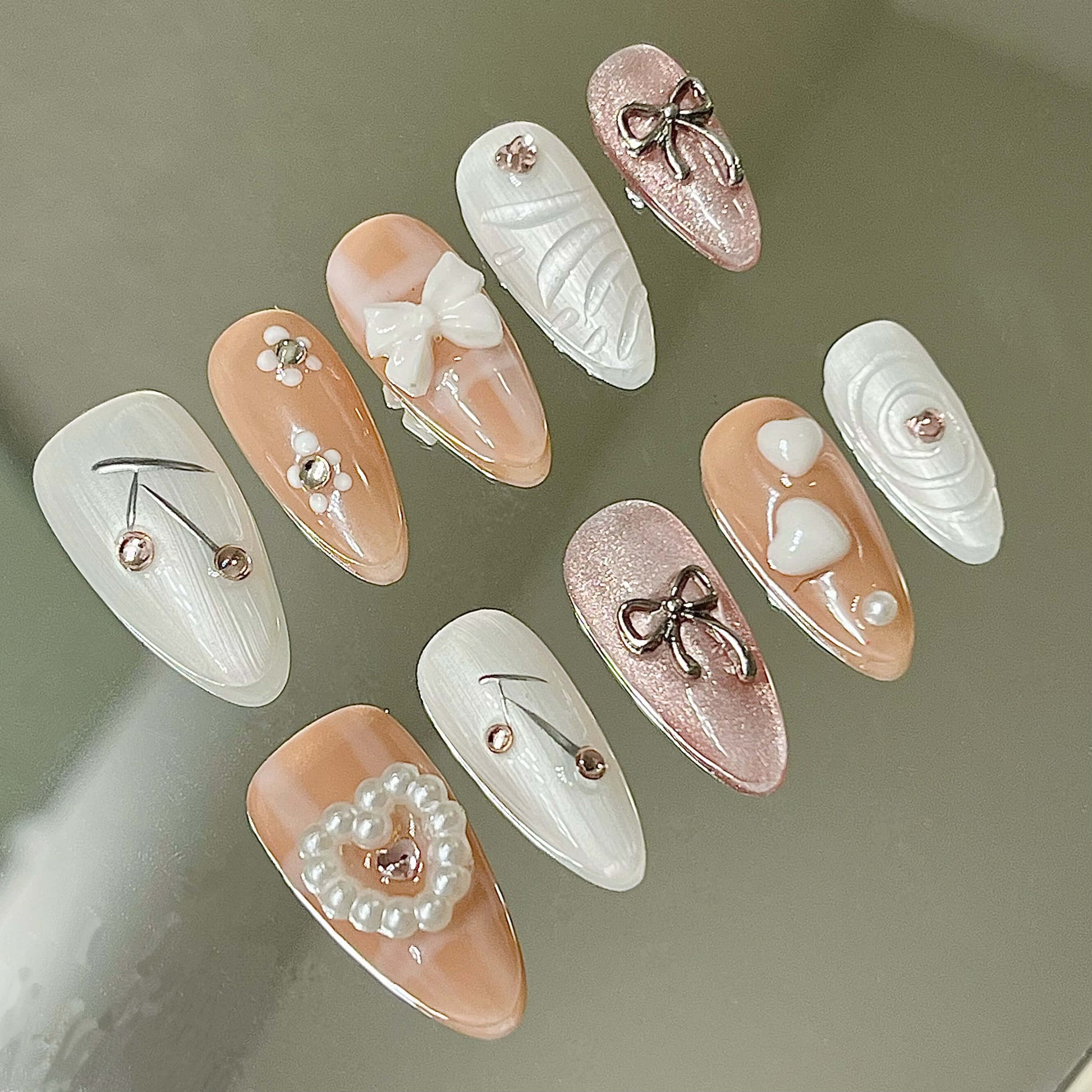 Luxe Nude & White Handmade Acrylic Press-On Nails | 3D Bows, Pearls & Chrome Accents | Elegant Reusable Manicure | Fake Nails False Nails - Liliana Nail's