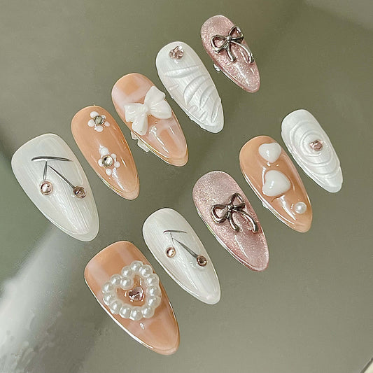 Luxe Nude & White Handmade Acrylic Press-On Nails | 3D Bows, Pearls & Chrome Accents | Elegant Reusable Manicure | Fake Nails False Nails - Liliana Nail's