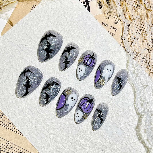 Spooky Pumpkin Handmade Acrylic Press-On Nails | Easy Stick on| Halloween Reusable Manicure | Fake Nails False Nails