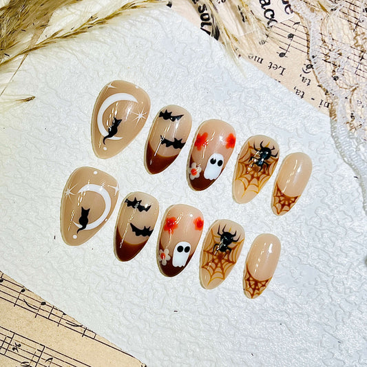 Spooky Cat & Spider Handmade Acrylic Press-On Nails | Easy Stick on| Halloween Reusable Manicure | Fake Nails False Nails