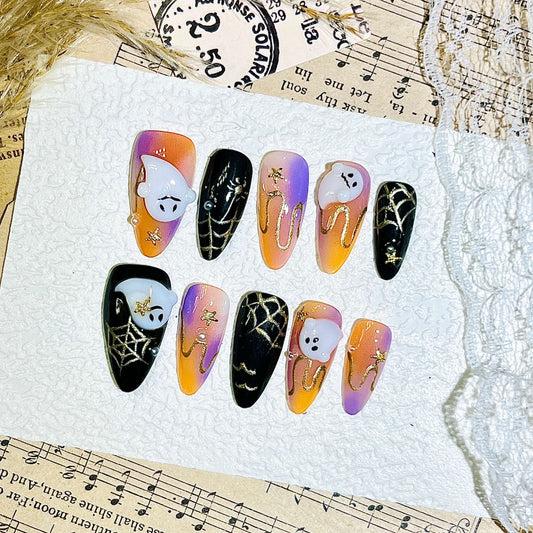 Spooky Ghost & Spiderweb Handmade Acrylic Press-On Nails | Easy Stick on| Halloween Reusable Manicure | Fake Nails False Nails