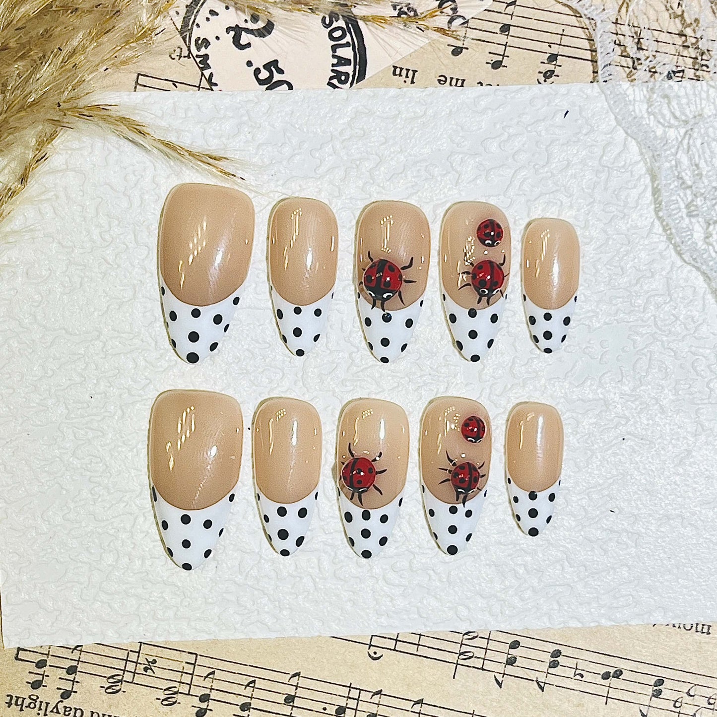 Ladybug & Polka Dot Handmade Acrylic Press-On Nails | Classic French Tip & Full Coverage Art | Cute Reusable Manicure| Fake Nails False Nails