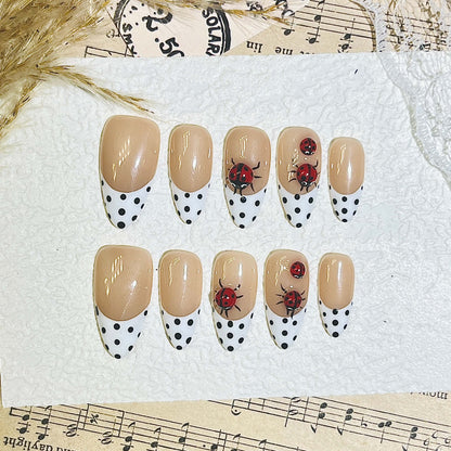 Ladybug & Polka Dot Handmade Acrylic Press-On Nails | Classic French Tip & Full Coverage Art | Cute Reusable Manicure| Fake Nails False Nails