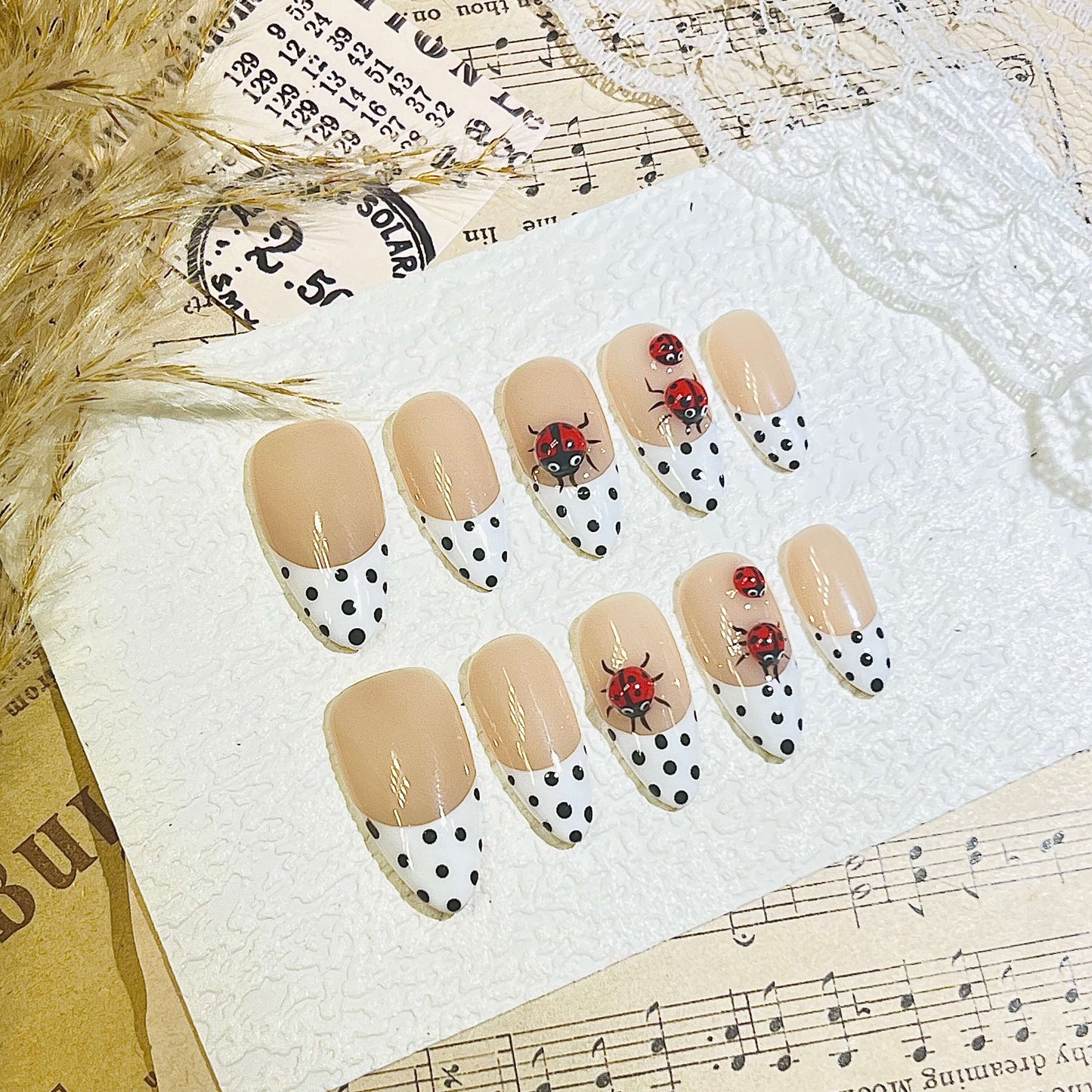 Ladybug & Polka Dot Handmade Acrylic Press-On Nails | Classic French Tip & Full Coverage Art | Cute Reusable Manicure| Fake Nails False Nails