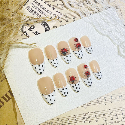 Ladybug & Polka Dot Handmade Acrylic Press-On Nails | Classic French Tip & Full Coverage Art | Cute Reusable Manicure| Fake Nails False Nails