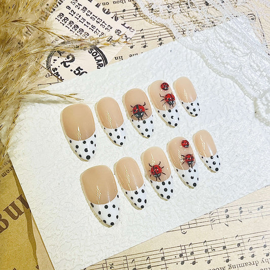 Ladybug & Polka Dot Handmade Acrylic Press-On Nails | Classic French Tip & Full Coverage Art | Cute Reusable Manicure| Fake Nails False Nails