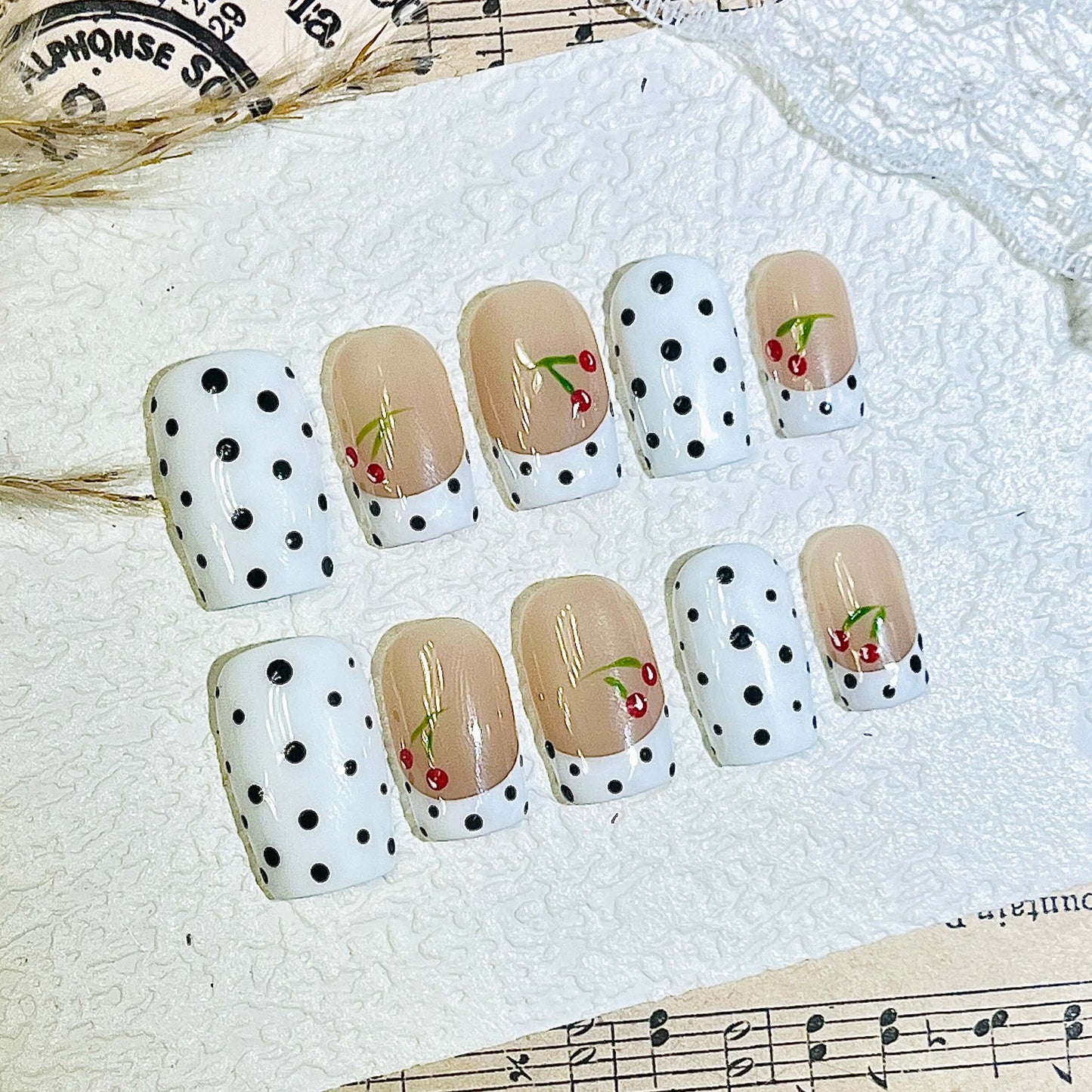 Cherry & Polka Dot Handmade Acrylic Press-On Nails | Classic French Tip & Full Coverage Art | Cute Reusable Manicure| Fake Nails False Nails