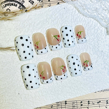 Cherry & Polka Dot Handmade Acrylic Press-On Nails | Classic French Tip & Full Coverage Art | Cute Reusable Manicure| Fake Nails False Nails
