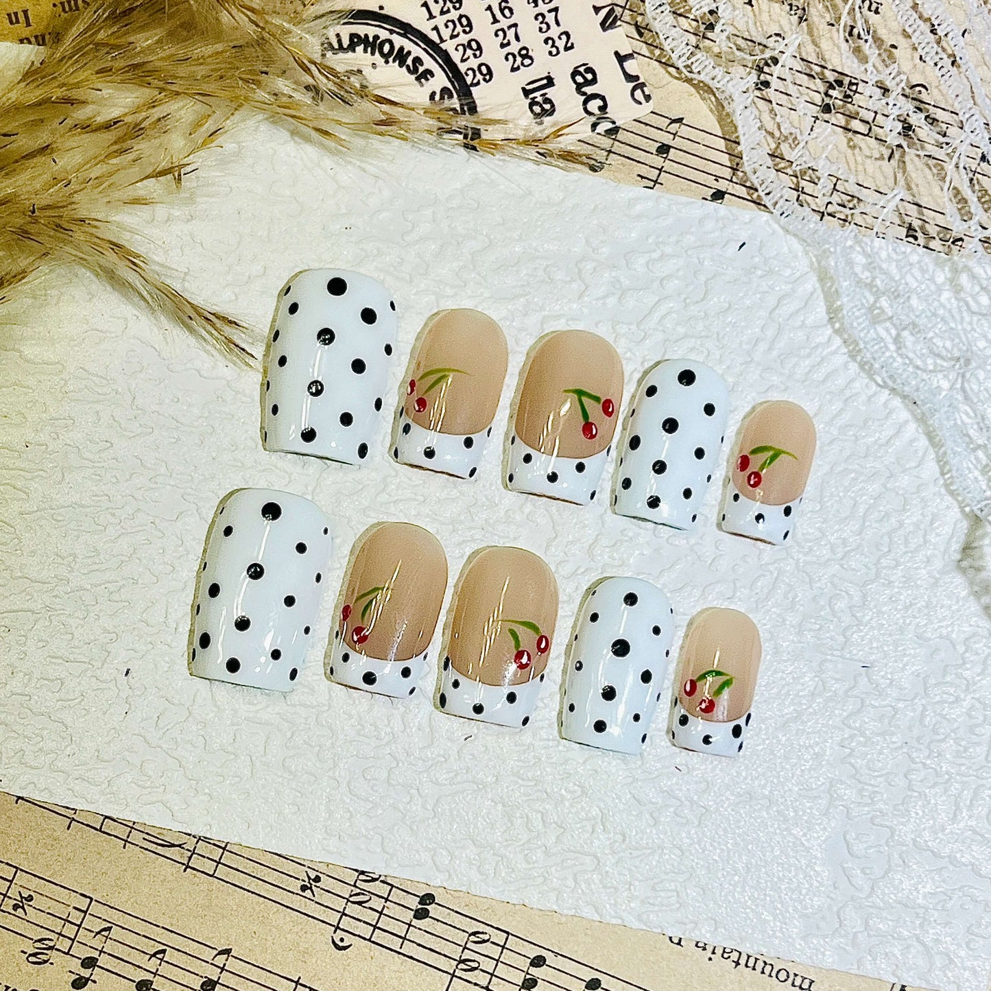 Cherry & Polka Dot Handmade Acrylic Press-On Nails | Classic French Tip & Full Coverage Art | Cute Reusable Manicure| Fake Nails False Nails