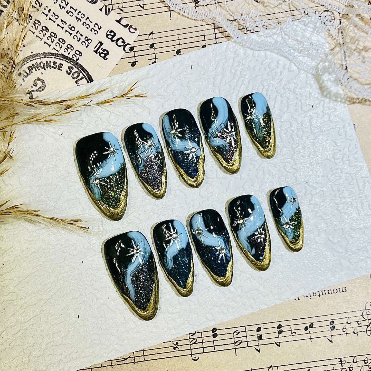 Cosmic Galaxy Cat Eye Press-On Nails | Gold & Silver Stars & Celestial Swirls | Reusable Manicure | Fake Nails False Nails