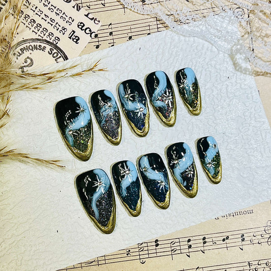Cosmic Galaxy Cat Eye Press-On Nails | Gold & Silver Stars & Celestial Swirls | Reusable Manicure | Fake Nails False Nails