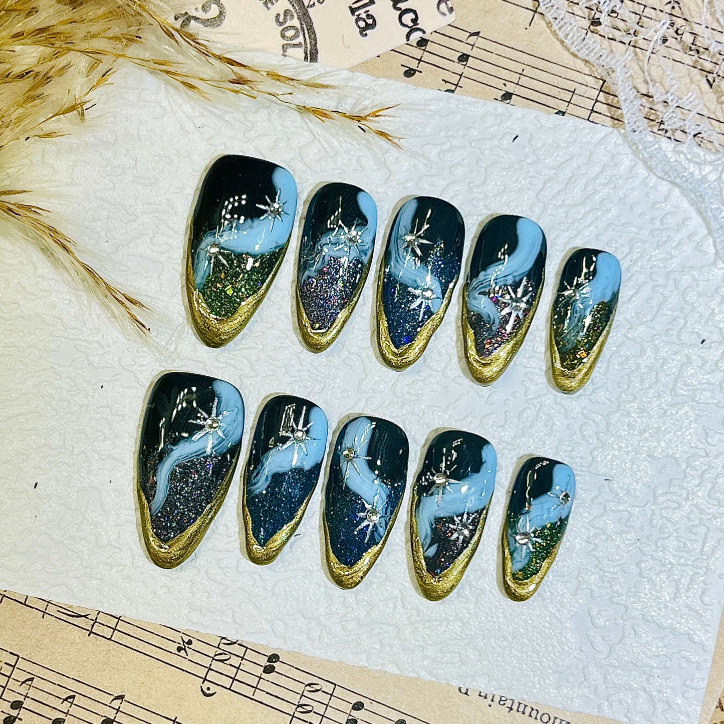 Cosmic Galaxy Cat Eye Press-On Nails | Gold & Silver Stars & Celestial Swirls | Reusable Manicure | Fake Nails False Nails