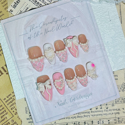Sweetheart Bow & Quilted Handmade Acrylic Press-On Nails | Pink & White 3D Art | Reusable Manicure | Fake Nails False Nails