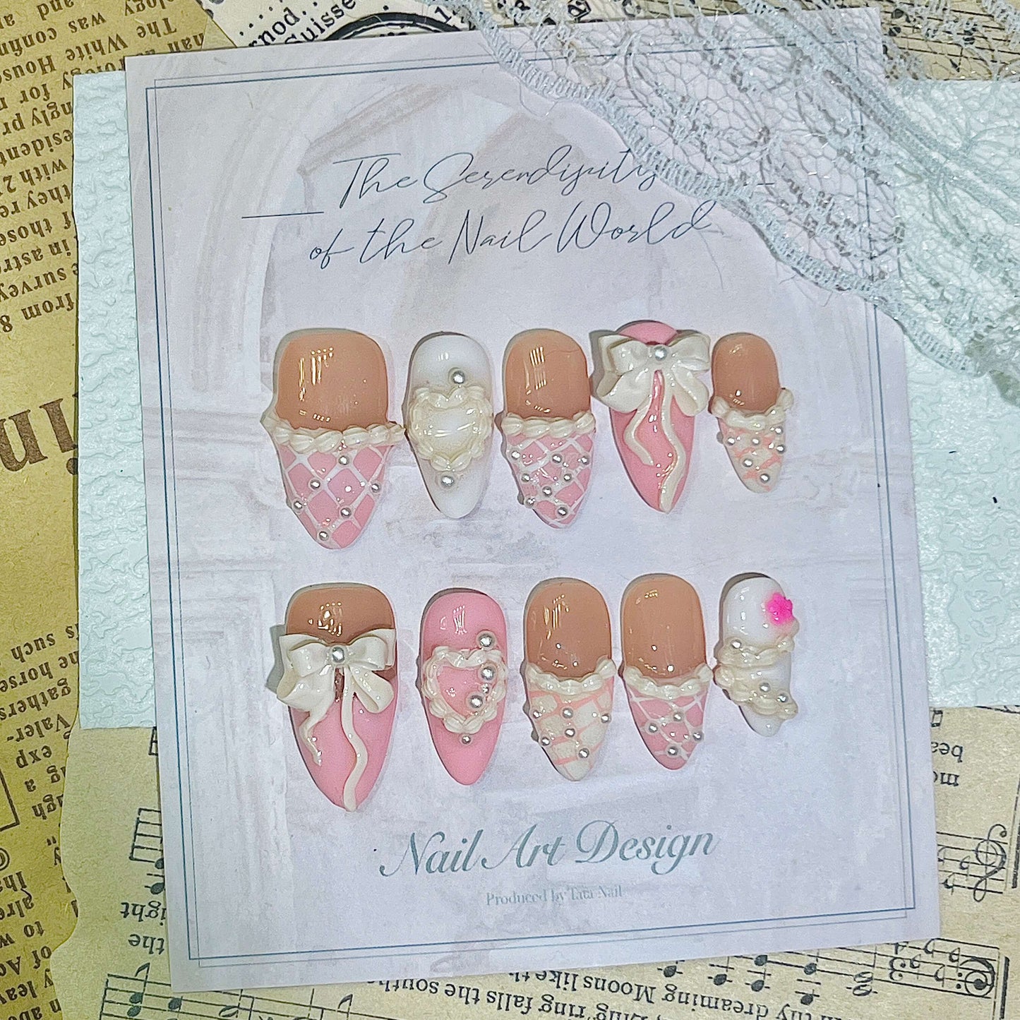 Sweetheart Bow & Quilted Handmade Acrylic Press-On Nails | Pink & White 3D Art | Reusable Manicure | Fake Nails False Nails