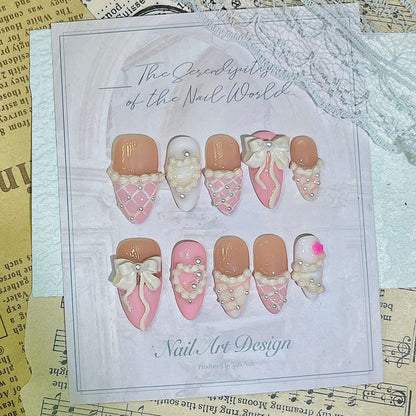 Sweetheart Bow & Quilted Handmade Acrylic Press-On Nails | Pink & White 3D Art | Reusable Manicure | Fake Nails False Nails